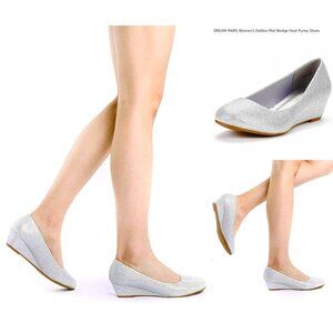 Sz 8- NWOT Dream Pairs Debbie Slip On Mid Wedge Pump Shoes Silver Glitter